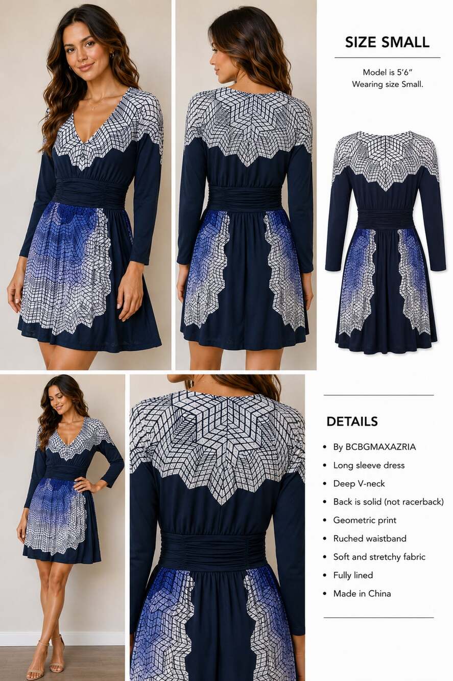 BCBG Max Azria Womens S Blue Geometric Print Ruched Mini Dress Long Sleeve
